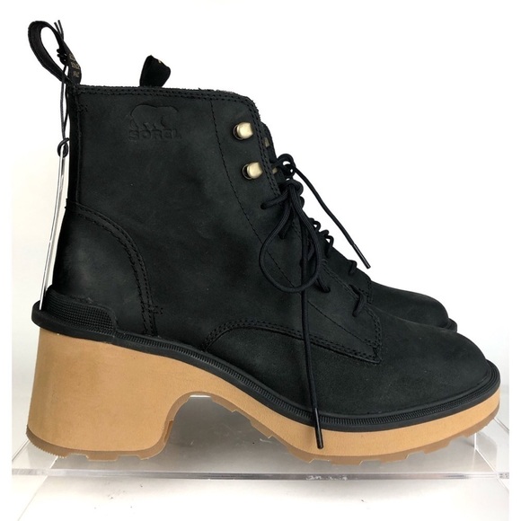 Sorel Waterproof Hi Line Leather Black Lace Up Lug Heel Ankle Boots Sz 7.5 - NEW - Picture 1 of 7
